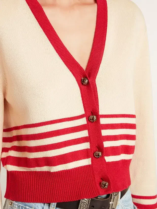 Cardigan da donna color crema con strisce rosse