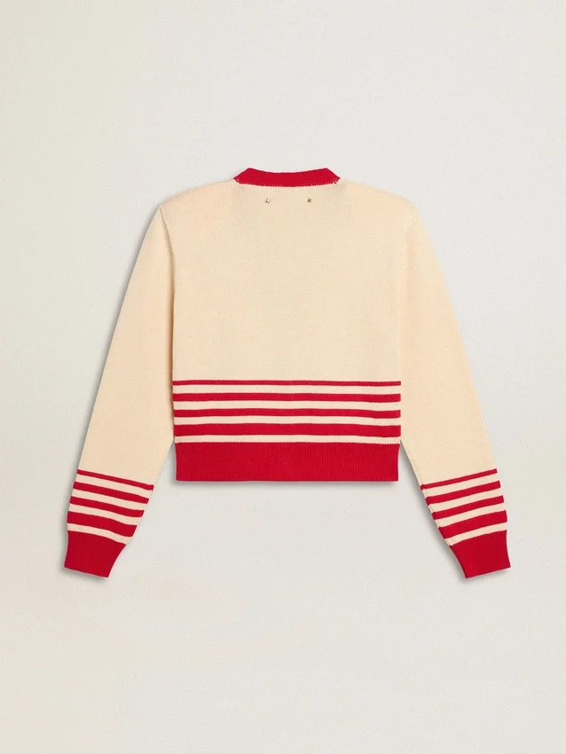 Cardigan da donna color crema con strisce rosse