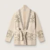 Cardigan da donna con cintura in misto lana beige con ricami a contrasto