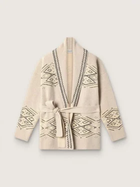 Cardigan da donna con cintura in misto lana beige con ricami a contrasto