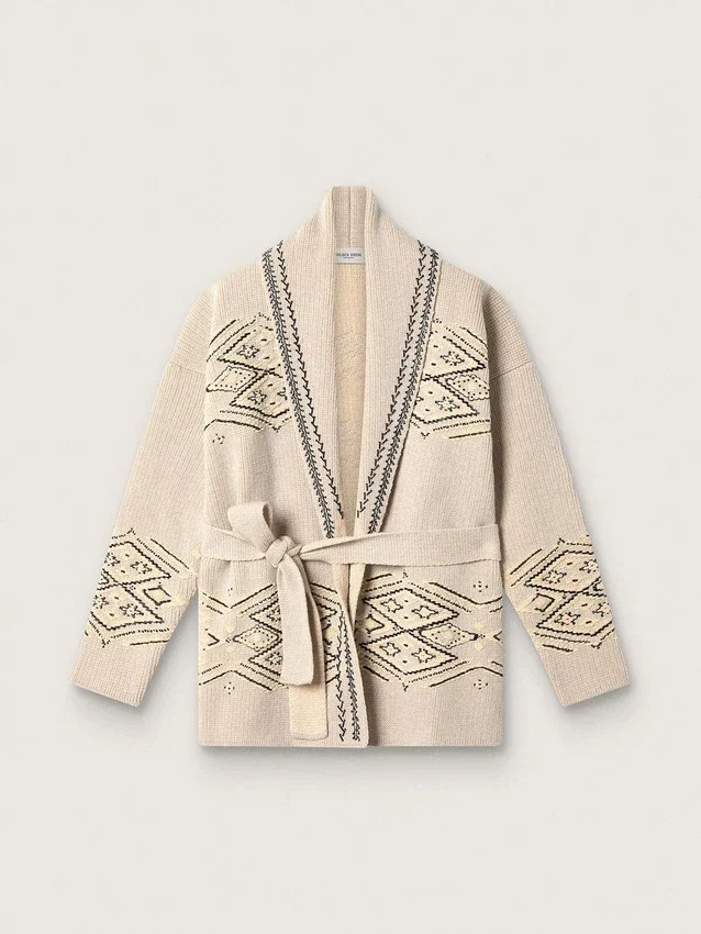 Cardigan da donna con cintura in misto lana beige con ricami a contrasto