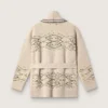 Cardigan da donna con cintura in misto lana beige con ricami a contrasto