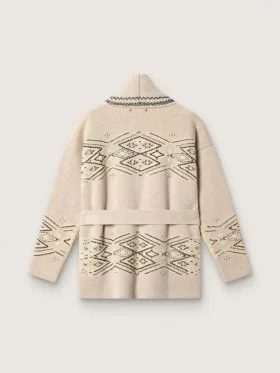 Cardigan da donna con cintura in misto lana beige con ricami a contrasto
