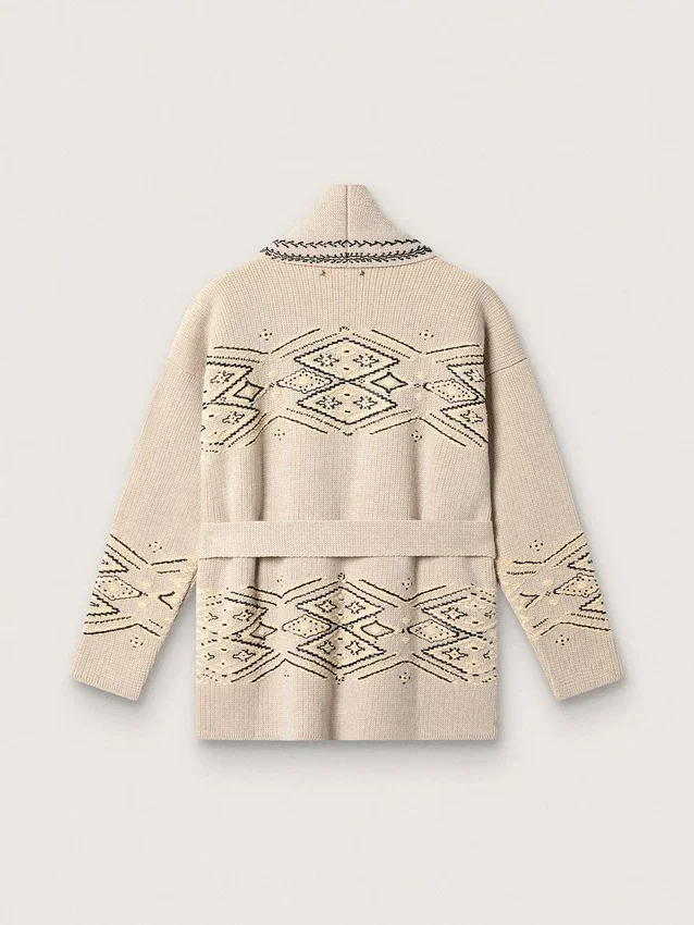 Cardigan da donna con cintura in misto lana beige con ricami a contrasto