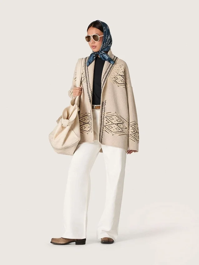 Cardigan da donna con cintura in misto lana beige con ricami a contrasto