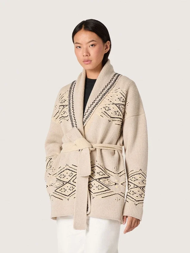 Cardigan da donna con cintura in misto lana beige con ricami a contrasto