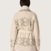 Cardigan da donna con cintura in misto lana beige con ricami a contrasto