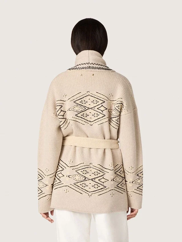 Cardigan da donna con cintura in misto lana beige con ricami a contrasto
