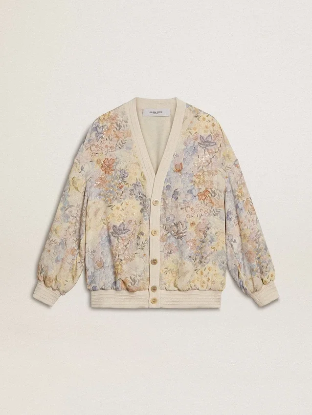 Cardigan da donna con stampa floreale e ricami