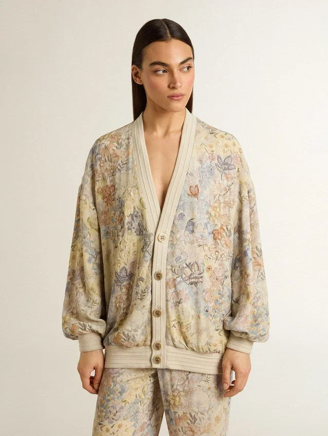 Cardigan da donna con stampa floreale e ricami