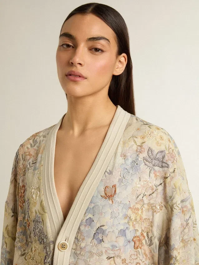 Cardigan da donna con stampa floreale e ricami
