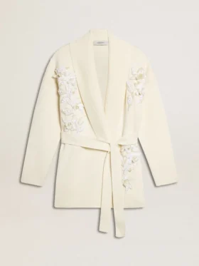 Cardigan da donna in cotone color crema con ricami floreali