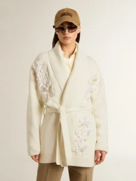 Cardigan da donna in cotone color crema con ricami floreali