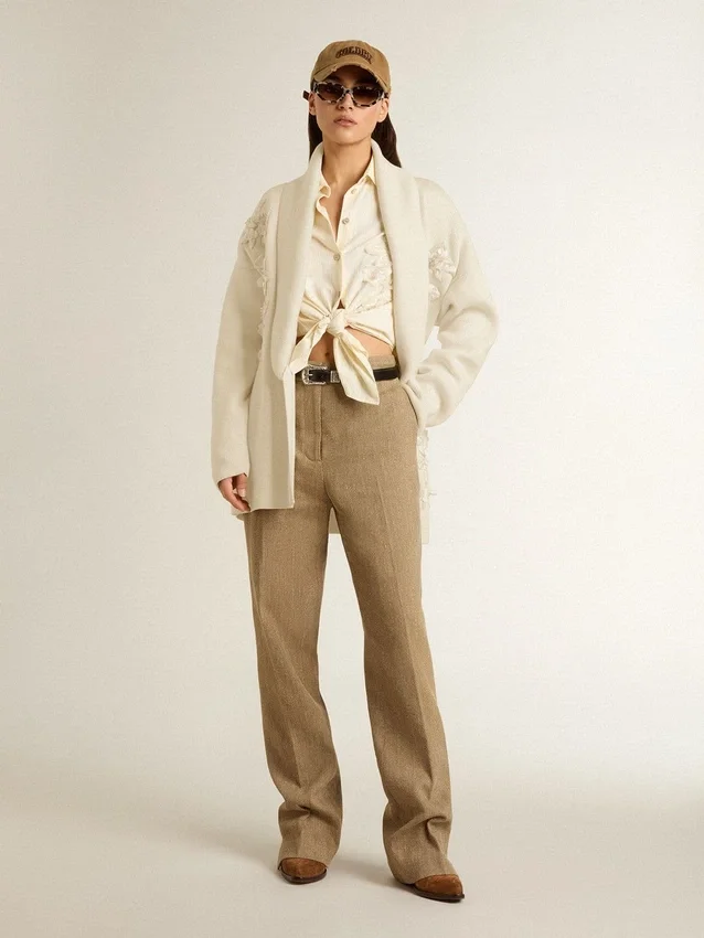 Cardigan da donna in cotone color crema con ricami floreali