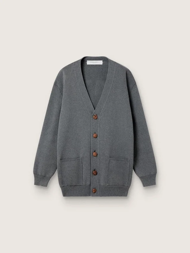 Cardigan da donna in cotone grigio melange con logo sul retro