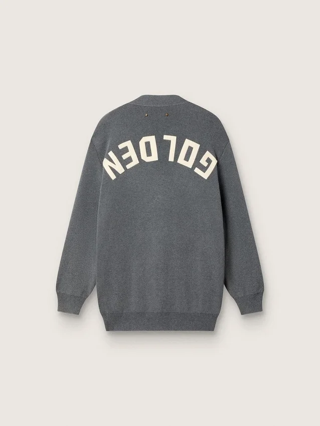 Cardigan da donna in cotone grigio melange con logo sul retro