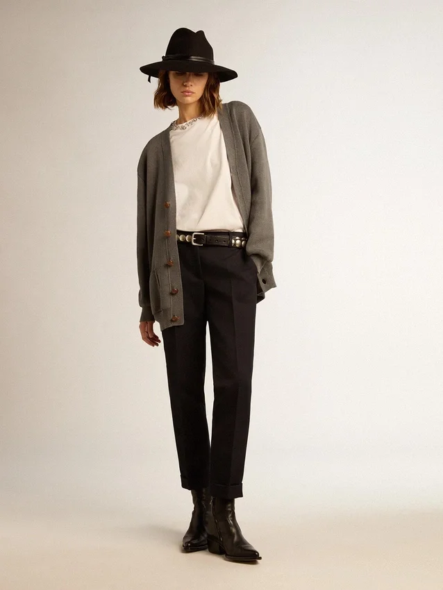 Cardigan da donna in cotone grigio melange con logo sul retro
