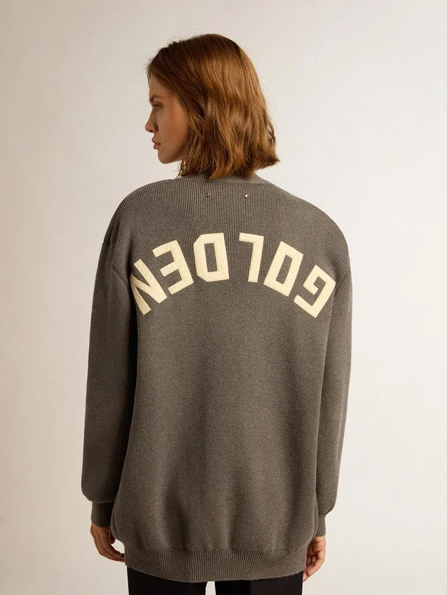 Cardigan da donna in cotone grigio melange con logo sul retro