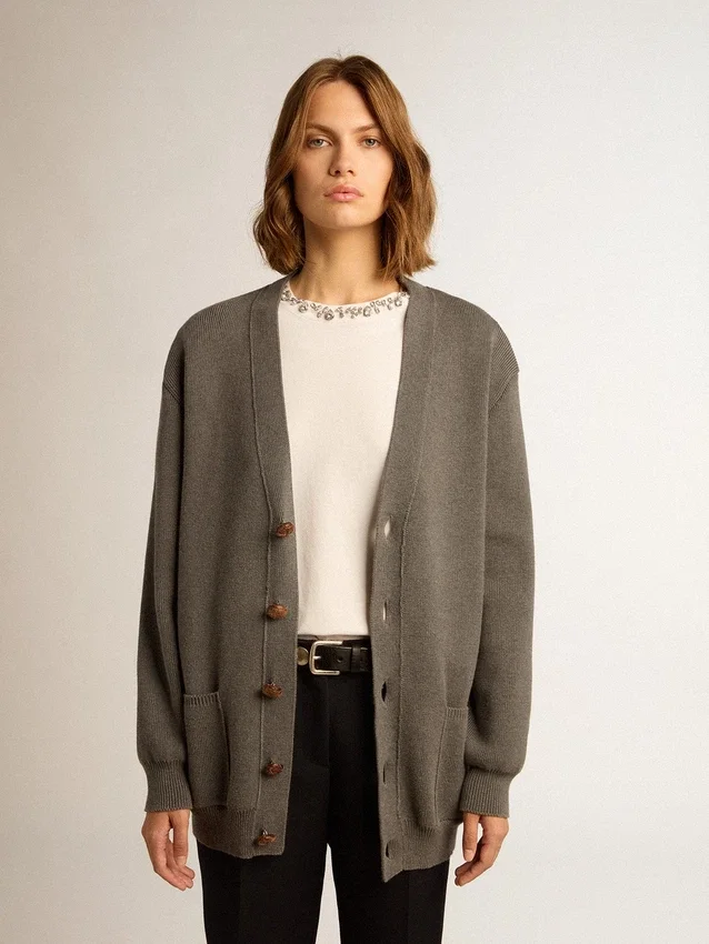 Cardigan da donna in cotone grigio melange con logo sul retro