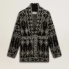 Cardigan da donna nero con cintura e cristalli
