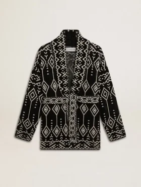 Cardigan da donna nero con cintura e cristalli