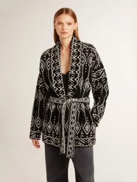 Cardigan da donna nero con cintura e cristalli