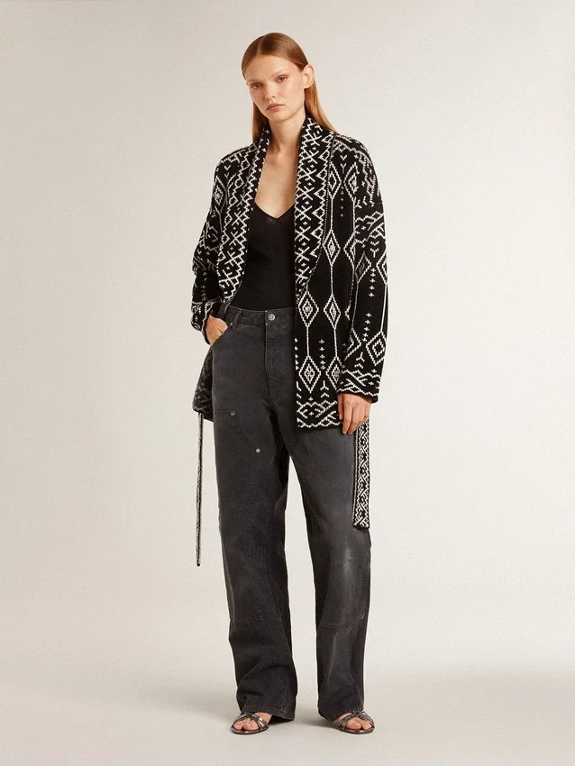 Cardigan da donna nero con cintura e cristalli