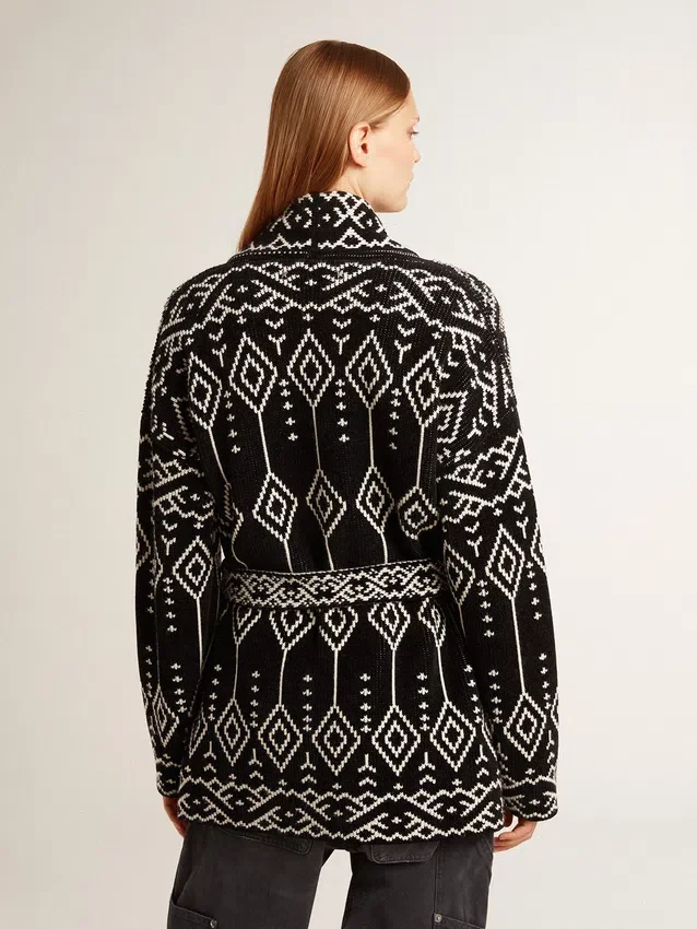 Cardigan da donna nero con cintura e cristalli