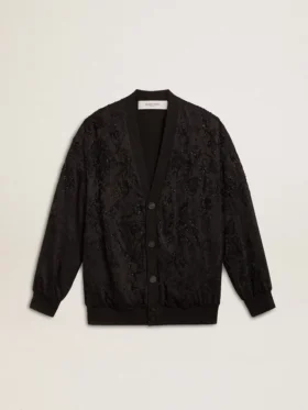 Cardigan da donna nero con ricamo tono su tono in perline in stile toile de jouy