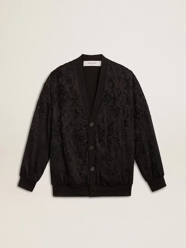 Cardigan da donna nero con ricamo tono su tono in perline in stile toile de jouy