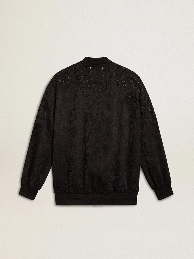 Cardigan da donna nero con ricamo tono su tono in perline in stile toile de jouy