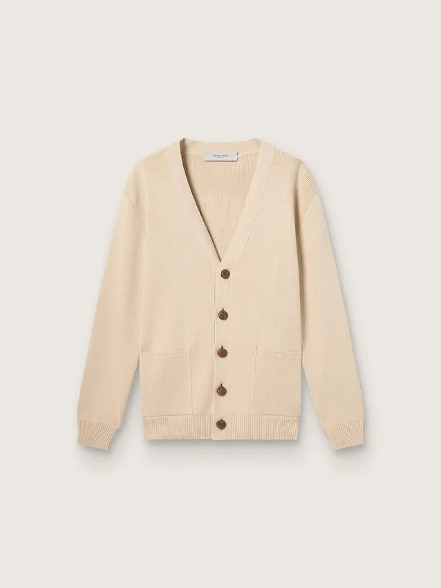 Cardigan da uomo beige con scritta “Golden” sul retro