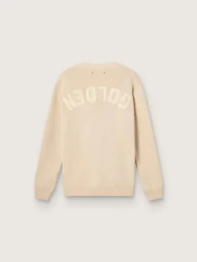 Cardigan da uomo beige con scritta “Golden” sul retro