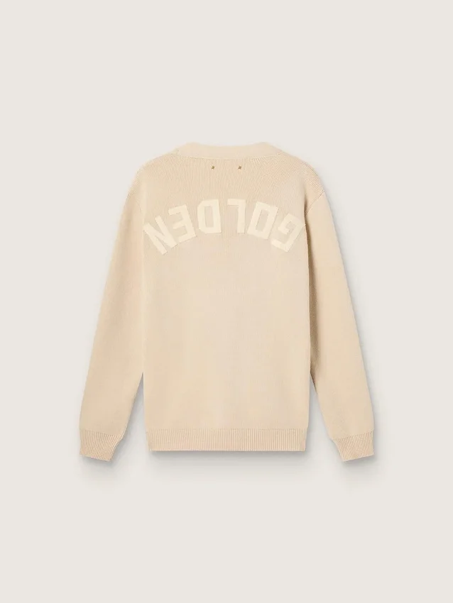 Cardigan da uomo beige con scritta “Golden” sul retro
