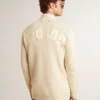 Cardigan da uomo beige con scritta “Golden” sul retro