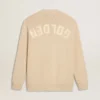 Cardigan da uomo beige con scritta “Golden” sul retro