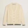 Cardigan da uomo in cotone bianco con motivo a trecce e bordi a costine blu