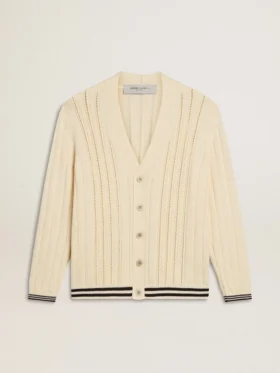 Cardigan da uomo in cotone bianco con motivo a trecce e bordi a costine blu