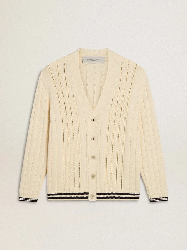 Cardigan da uomo in cotone bianco con motivo a trecce e bordi a costine blu