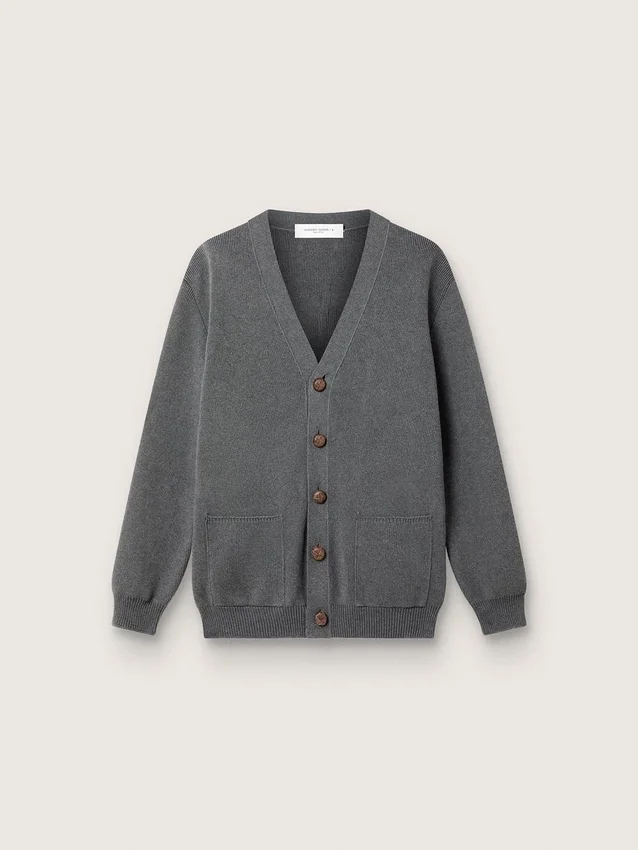 Cardigan da uomo in cotone grigio melange con logo sul retro