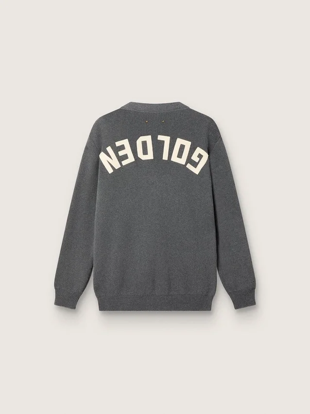 Cardigan da uomo in cotone grigio melange con logo sul retro