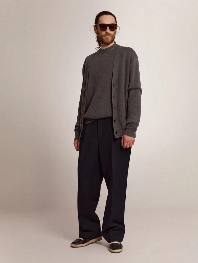 Cardigan da uomo in cotone grigio melange con logo sul retro