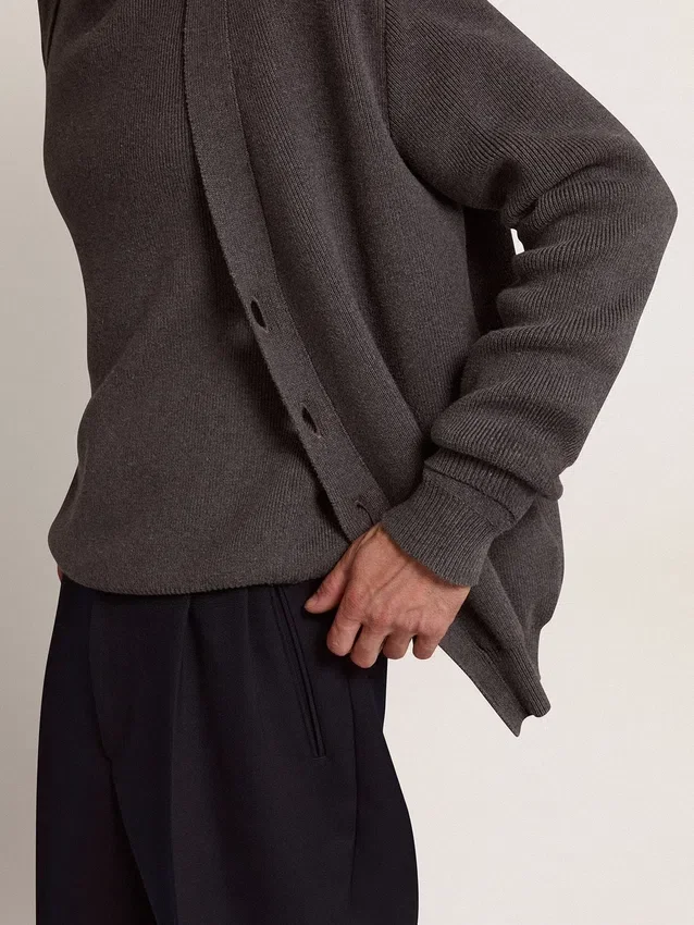 Cardigan da uomo in cotone grigio melange con logo sul retro