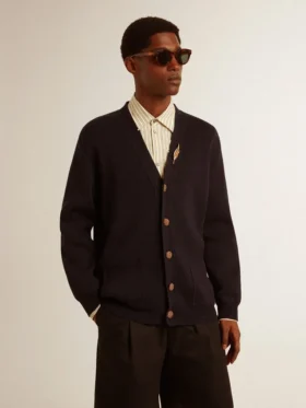 Cardigan della Golden Collection in cotone blu scuro con finitura consumata