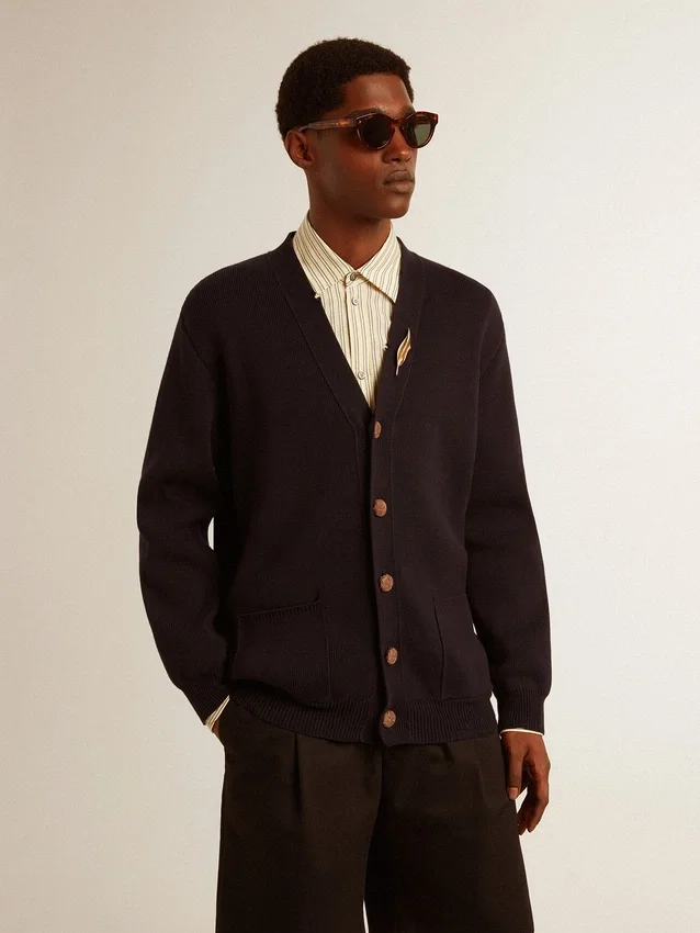 Cardigan della Golden Collection in cotone blu scuro con finitura consumata