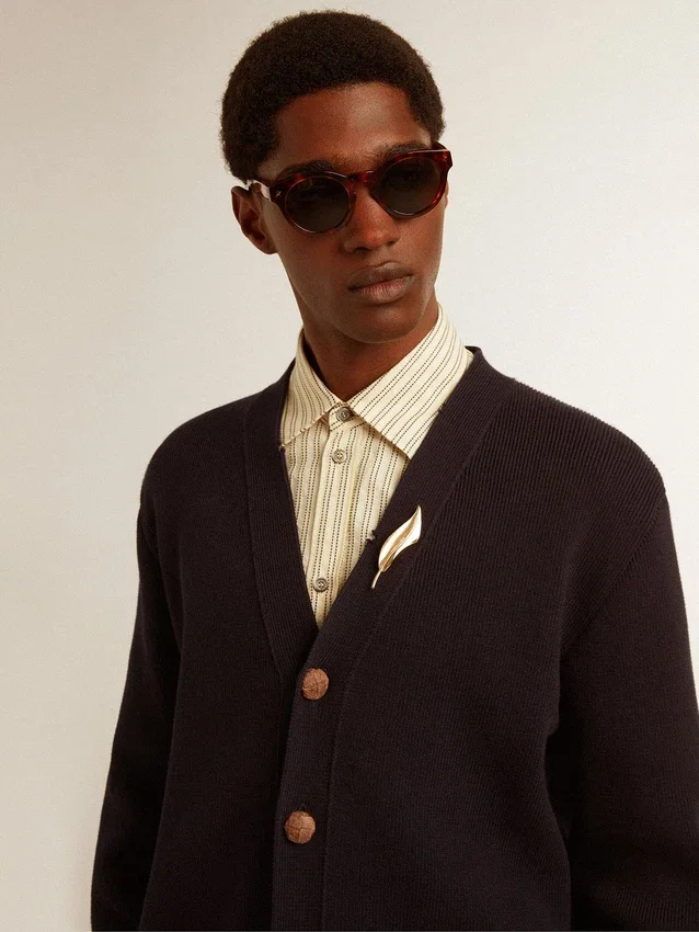 Cardigan della Golden Collection in cotone blu scuro con finitura consumata