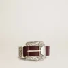 Cintura da donna in pelle bordeaux con fibbia decorata in argento