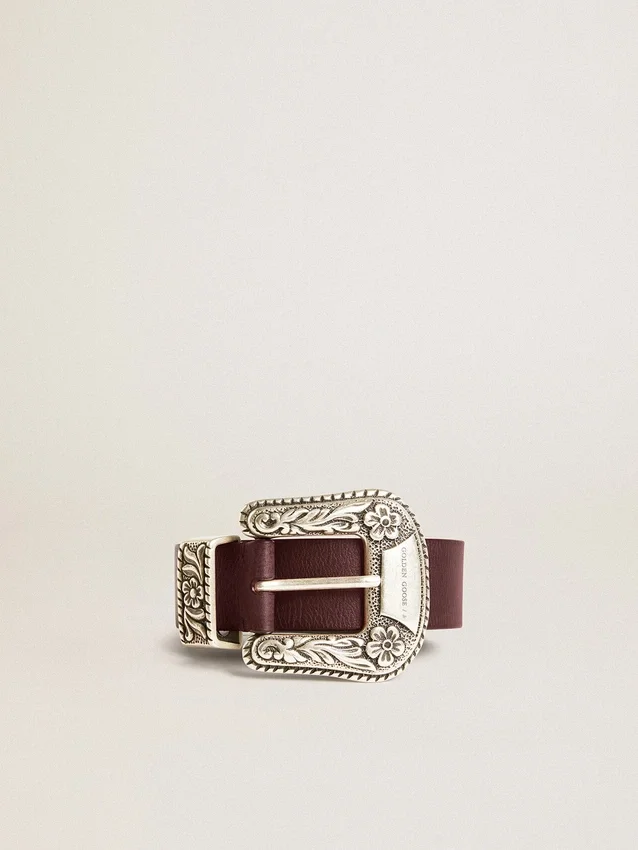 Cintura da donna in pelle bordeaux con fibbia decorata in argento