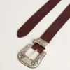 Cintura da donna in pelle bordeaux con fibbia decorata in argento
