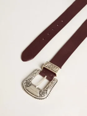 Cintura da donna in pelle bordeaux con fibbia decorata in argento